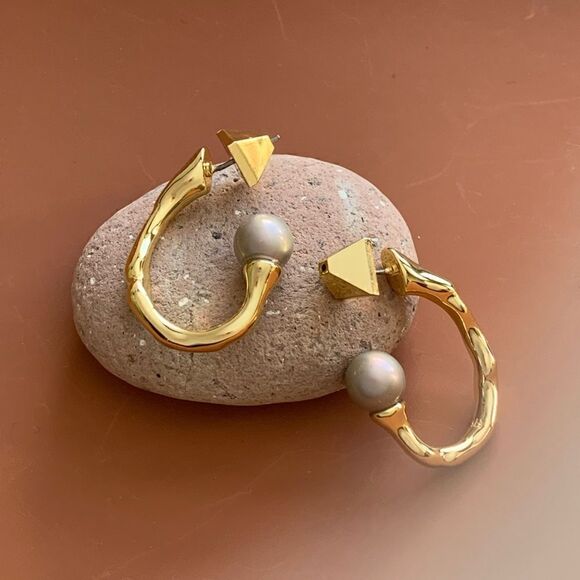 Alexis Bittar Pearl Capped Twisted Gold Molten Metal Open Hoop Post Earrings - Picture 6 of 9